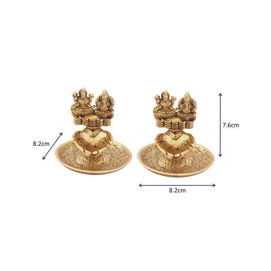 Lakshmi Ganesh Hand Diya Pair in Metal Antique Gold Plated 3 Inch - Brass Daddy