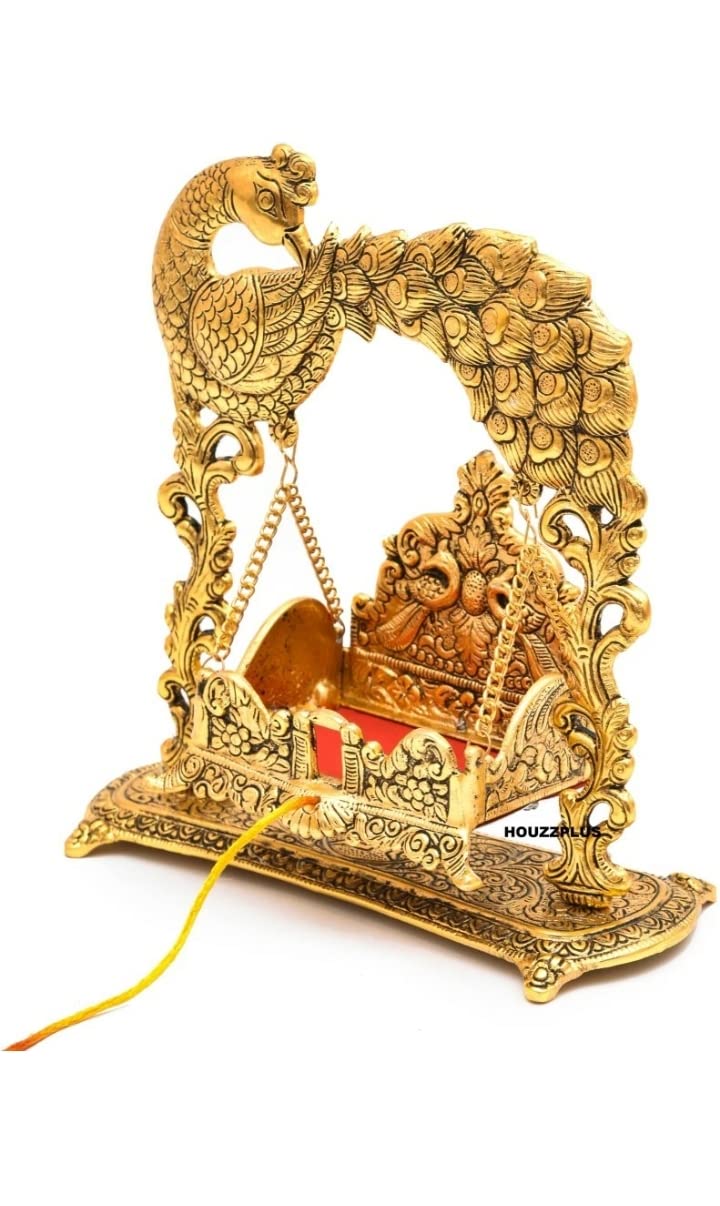 Metal Laddu Gopal Jhula Palna for Laddu Gopal Ji with Peacock Design (for 0 to 3 Number) - Brass Daddy