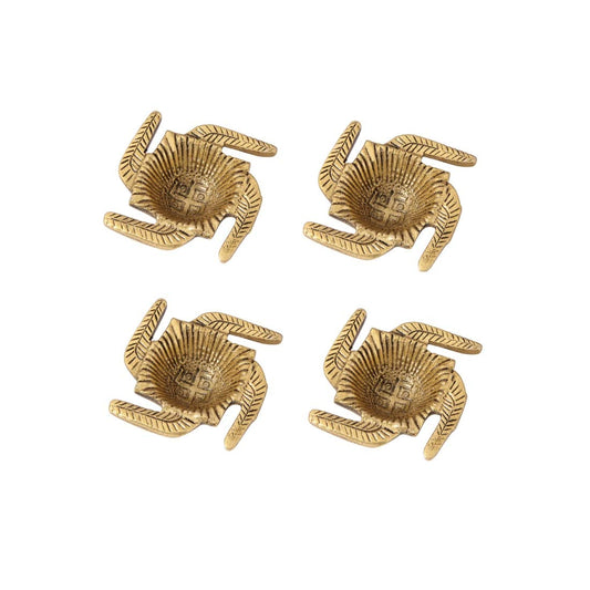 Aluminum Diya in Metal Swastik Shape Antique Golden Finish, Set of 4 Pc - Brass Daddy