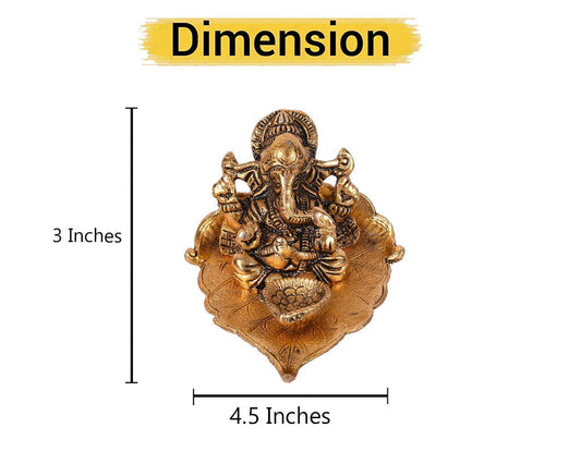 Ganesh Idol on Leaf - Lord Ganesha with Diya - Metal Hand Craved for Home Decorative Gift Puja Gifts Corporate - Brass Daddy