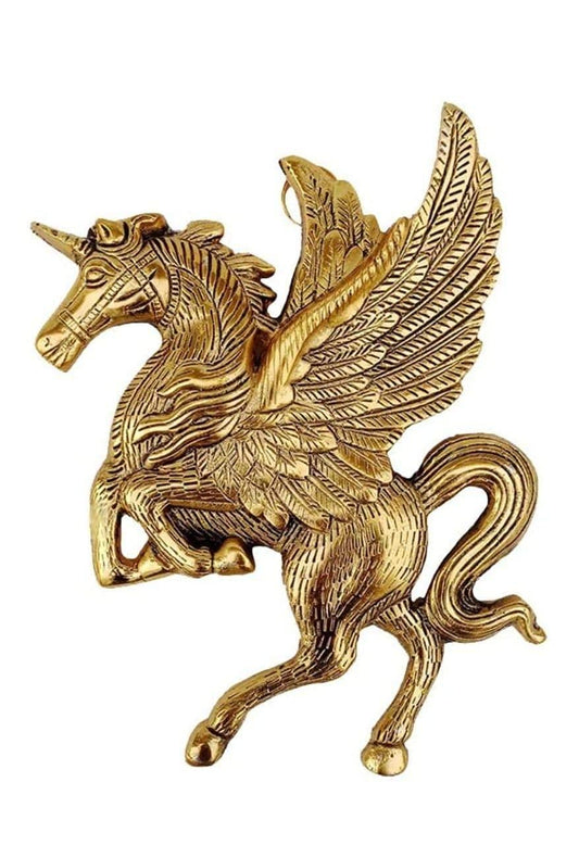 Handcrafted Wall Hanging Flying Horse(Unicorn) Decorative Showpiece - (Metal, Gold) - Brass Daddy