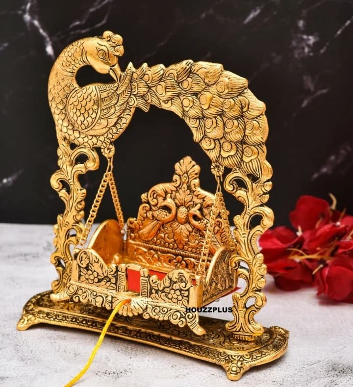 Metal Laddu Gopal Jhula Palna for Laddu Gopal Ji with Peacock Design (for 0 to 3 Number) - Brass Daddy
