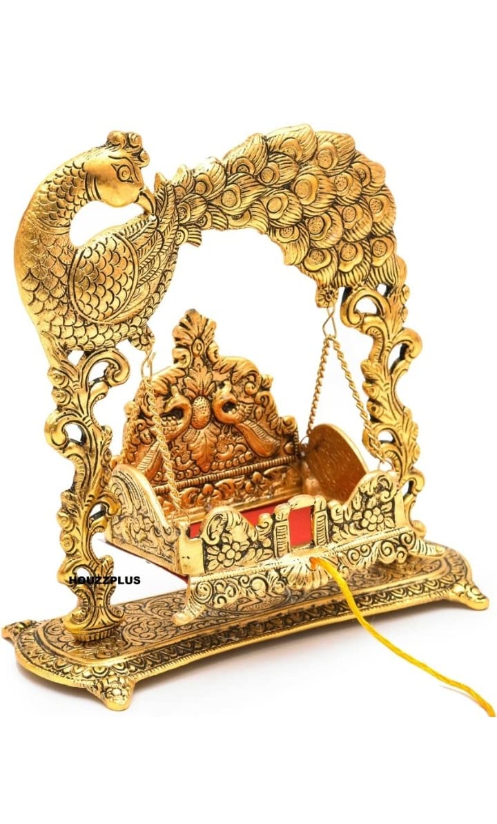 Metal Laddu Gopal Jhula Palna for Laddu Gopal Ji with Peacock Design (for 0 to 3 Number) - Brass Daddy
