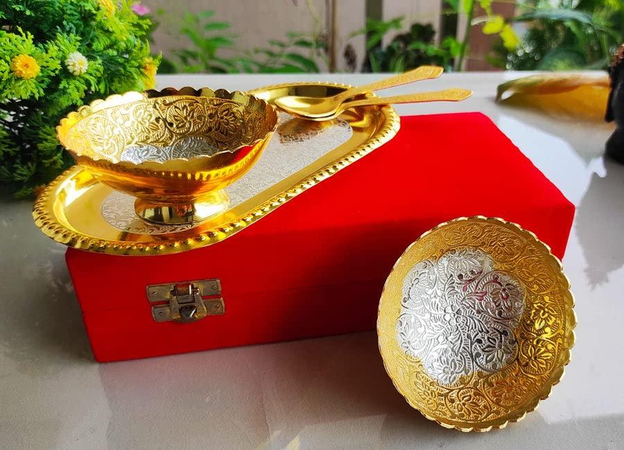 Metal Designer 2 Bowls 2 Spoons 1 Tray, Use for Dry Fruits - Brass Daddy