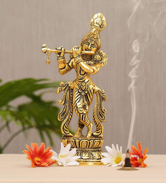 Lord Krishna Idol Statue Gold Plated Playing Flute Decorative Showpiece for Pooja Room & Gift - Brass Daddy