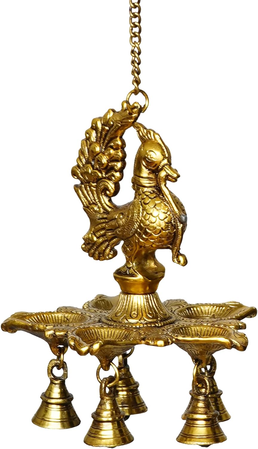 Peacock Diya with Bells & Chain for Home, Temple Metal Hanging Diya for Diwali, Pooja Room, Home Decoration - Brass Daddy