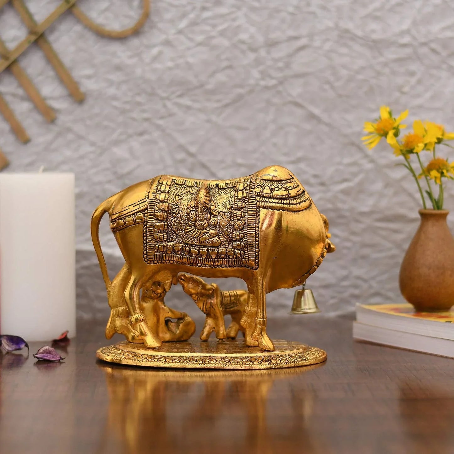 Handcrafted Metal Kamdhenu Cow with Calf - Gold | BrassDaddy - Brass Daddy