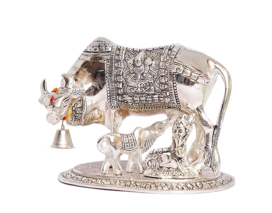 Handcrafted Metal Kamdhenu Cow with Calf - Silver | BrassDaddy - Brass Daddy