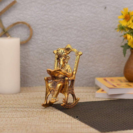 Gold Lord Ganesha Reading Ramayana Statue - Brass Daddy