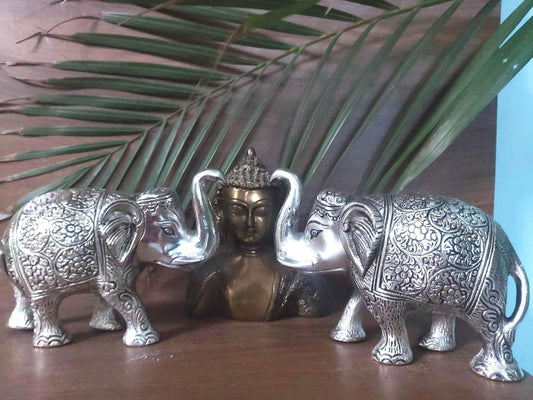Metal Elephant 5 Inch For Fantasy Showpiece Decoration And Gift Purpose-Set Of 2, Silver - Brass Daddy