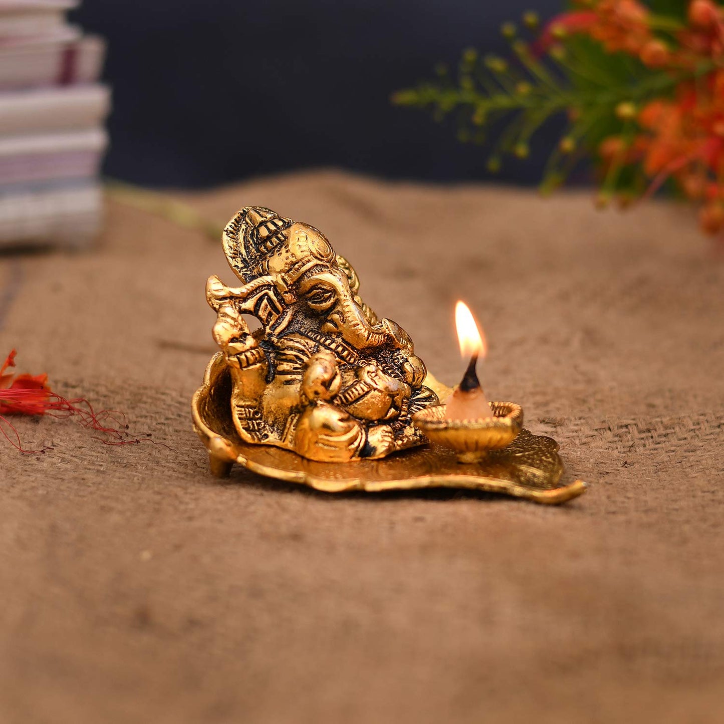 Ganesh Idol on Leaf - Lord Ganesha with Diya - Metal Hand Craved for Home Decorative Gift Puja Gifts Corporate - Brass Daddy
