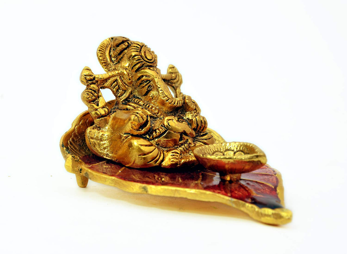 Ganesh Idol on Red Leaf - Metal Hand Craved for Home Decorative Gift Puja Gifts Corporate (U Shaped Ganesh) - Brass Daddy