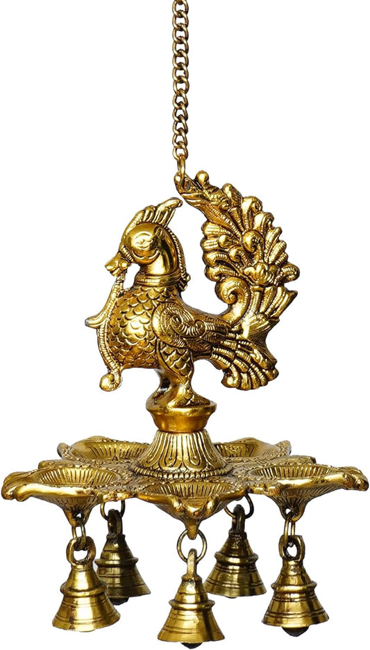 Peacock Diya with Bells & Chain for Home, Temple Metal Hanging Diya for Diwali, Pooja Room, Home Decoration - Brass Daddy