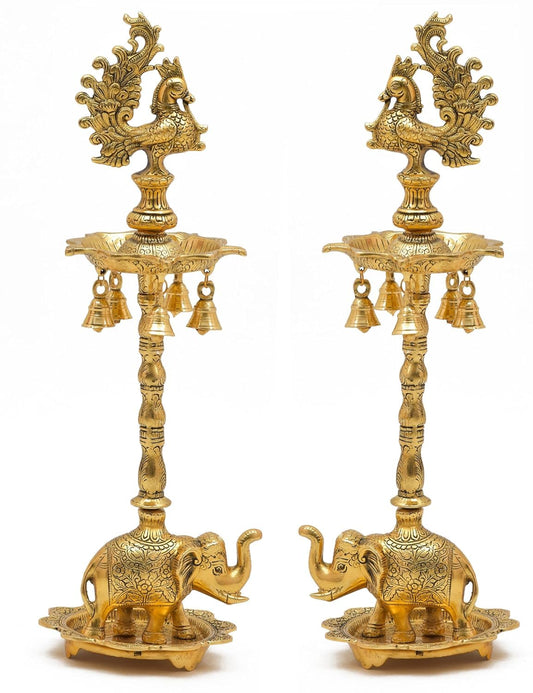 Peacock Pair (Diya Stand) with Elephant Base & Plate Aluminium, Panchmukhi Diya, Big Diya Stand for Home Decor (Golden) - Brass Daddy