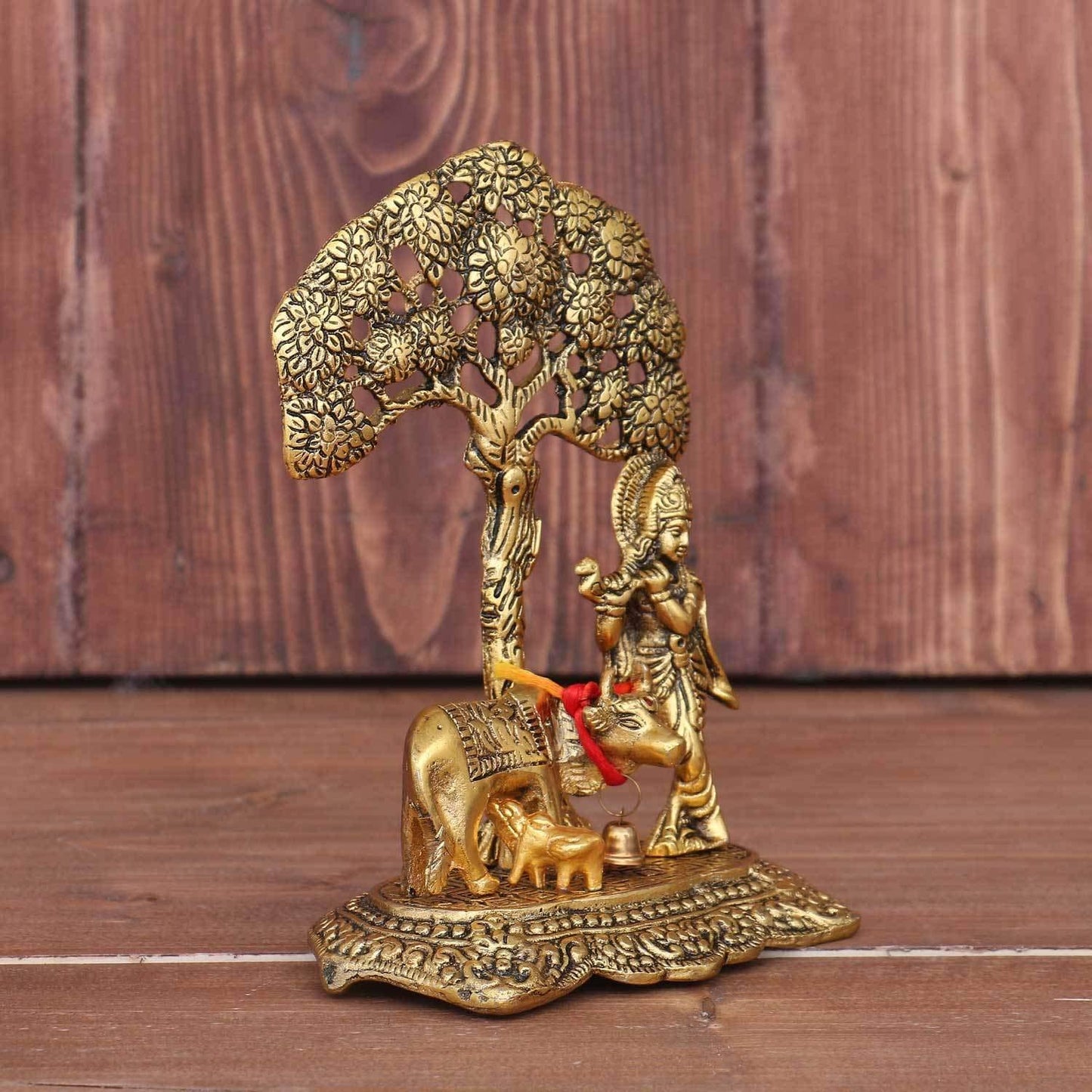 Cow Calf Krishna Under Tree home office table top Decorative Showpiece - Brass Daddy