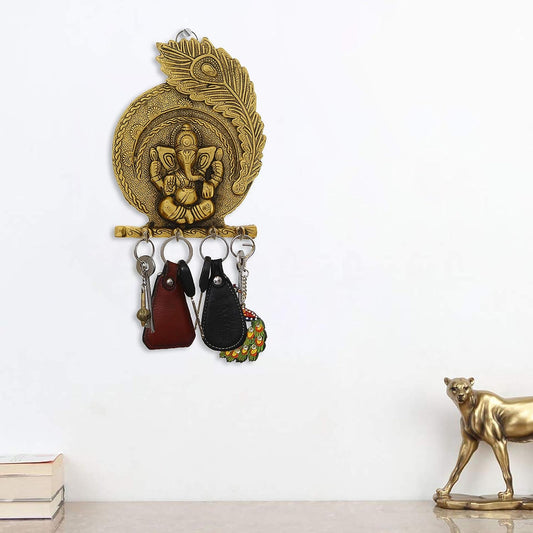 Golden Lord Ganesha Mor Pankh 4 Hooks Key Holder, - Brass Daddy