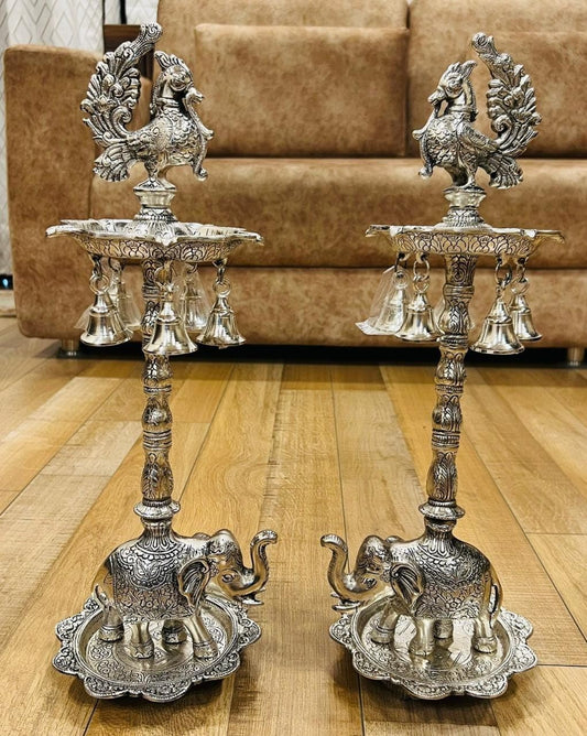 Peacock Pair (Diya Stand) with Elephant Base & Plate Aluminium, Panchmukhi Diya, Big Diya Stand for Home Decor (Silver) - Brass Daddy