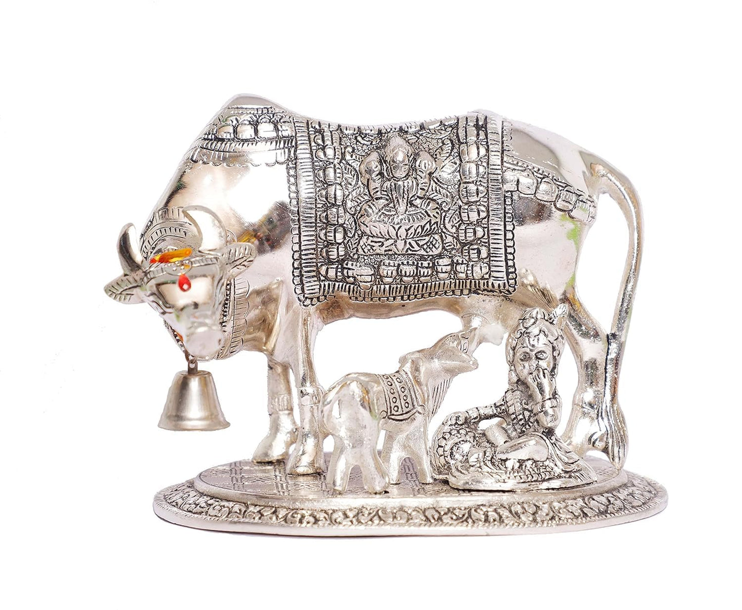 Handcrafted Metal Kamdhenu Cow with Calf - Silver | BrassDaddy - Brass Daddy