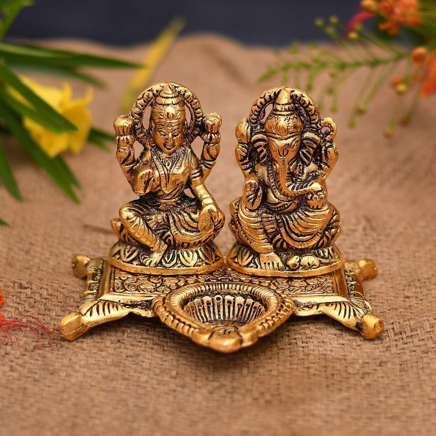 Lakshmi Ganesh Idol with Diya puja Deepak - Diwali Home Decoration Items - Brass Daddy
