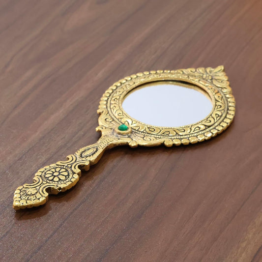 Beautifully Carved Round Shape Framed Gold Plating Metal Hand Mirror For Makeup, Travelling, Salon Mirror & Decorative Mirror Antique Item For Wedding Gifts. - Brass Daddy