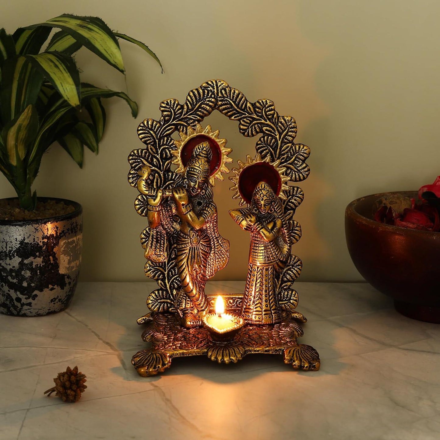 Radha Krishna Standing Playing Flute Metal Statue - Brass Daddy