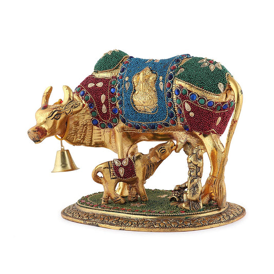 Handcrafted Metal Kamdhenu Cow with Calf - Stone | BrassDaddy - Brass Daddy