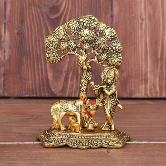 Cow Calf Krishna Under Tree home office table top Decorative Showpiece - Brass Daddy