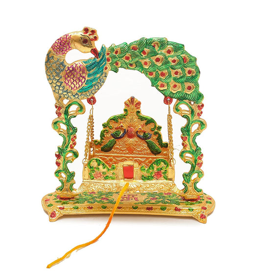 Laddu Gopal Jhula Palna for Laddu Gopal Ji with Peacock Design Decorative Showpiece (for 0 to 3 Number) - Brass Daddy