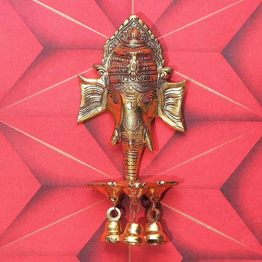 Ganesh Ji Wall Hanging with Three Diya's and Bells - Brass Daddy