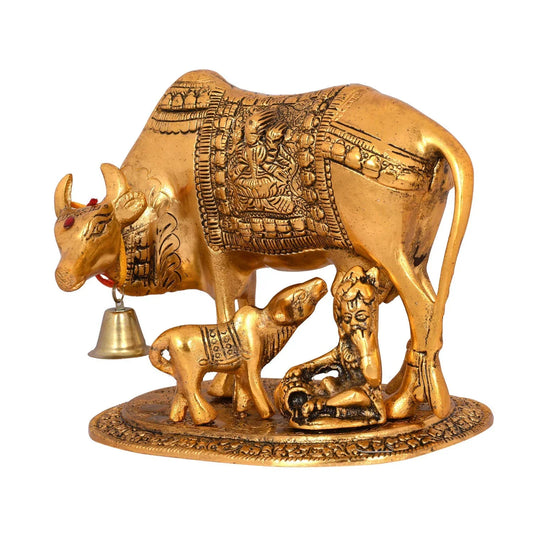 Handcrafted Metal Kamdhenu Cow with Calf - Gold | BrassDaddy - Brass Daddy