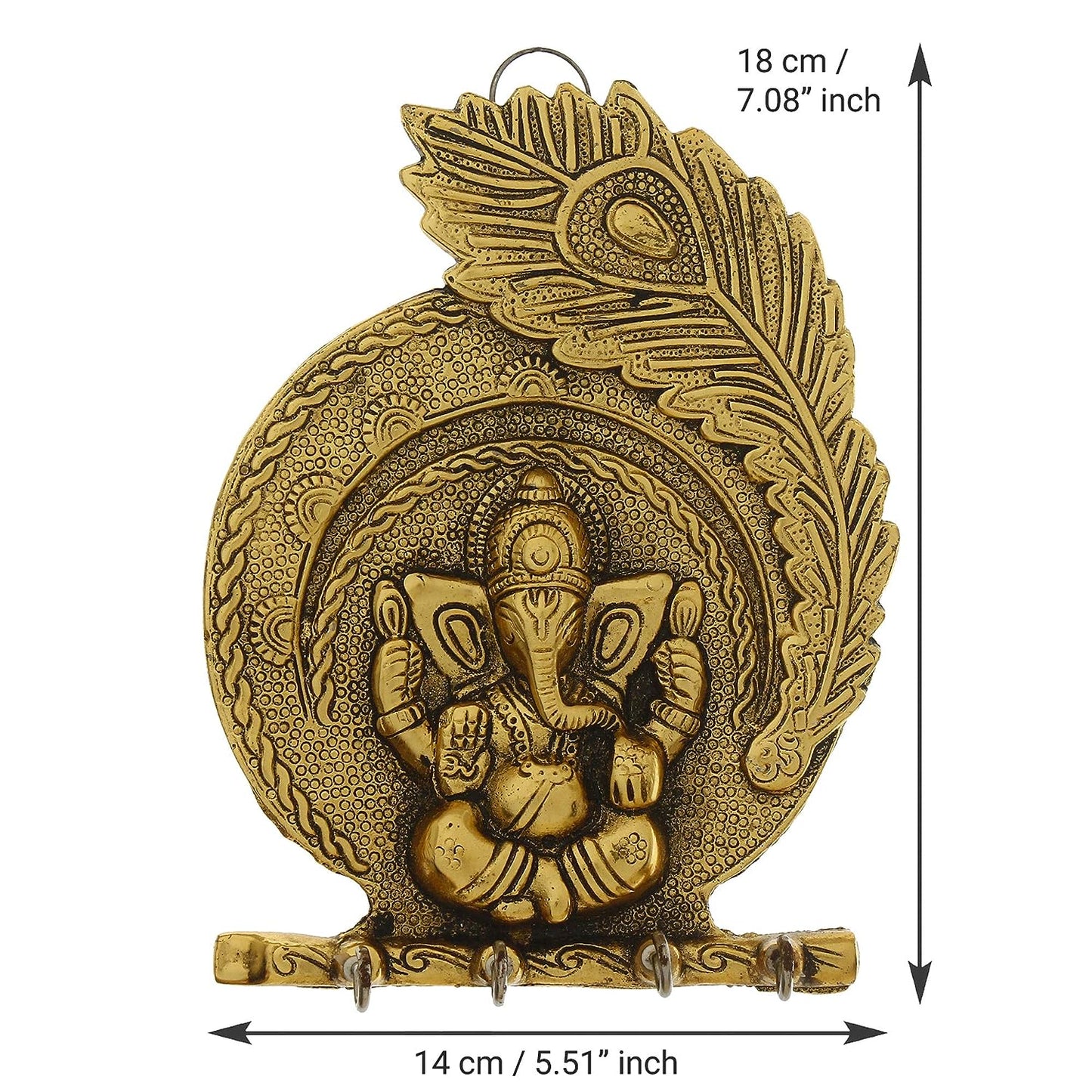 Golden Lord Ganesha Mor Pankh 4 Hooks Key Holder, - Brass Daddy