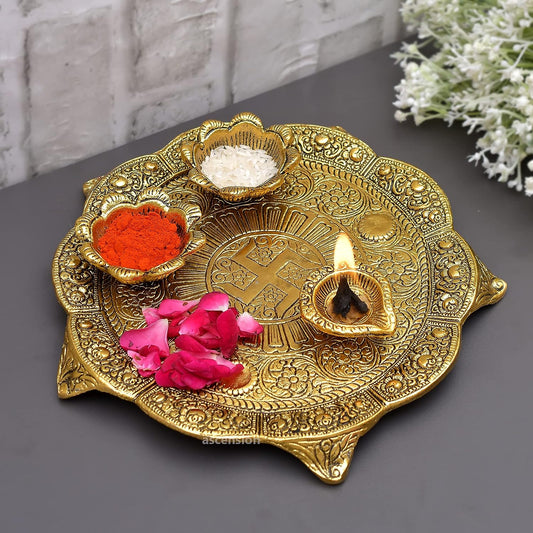 Metal Pooja Thali with Deepak Swastik Flower Designer Plate thali Diya Deepak Thali (Golden) - Brass Daddy