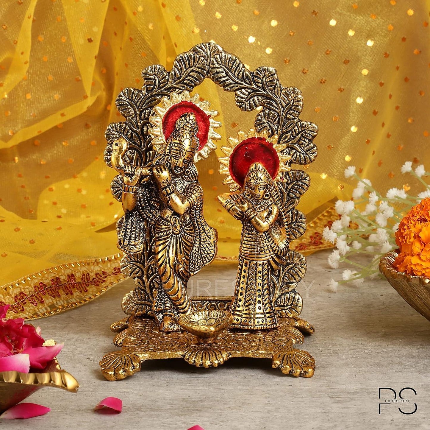 Radha Krishna Standing Playing Flute Metal Statue - Brass Daddy