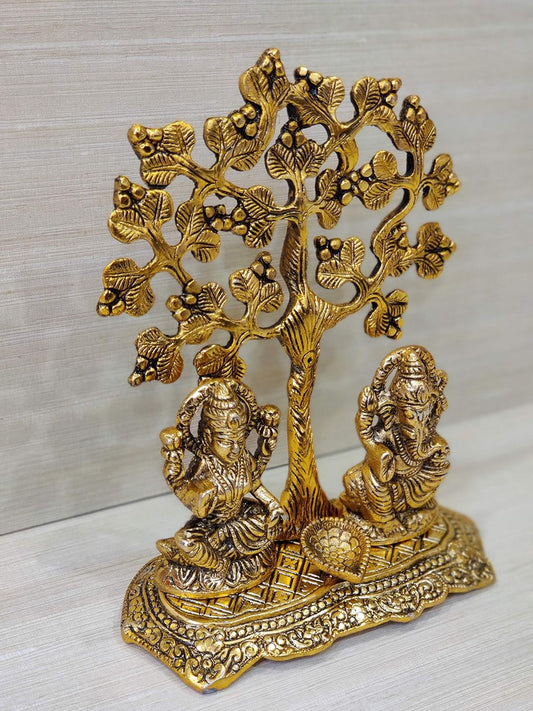 Gold Plated Metal Laxmi Ganesh Idol with Tree and Diya for Puja Home Mandir Temple and Decorative for Living Drawing Bed Room Office Shop Decorative and Gifts - Brass Daddy