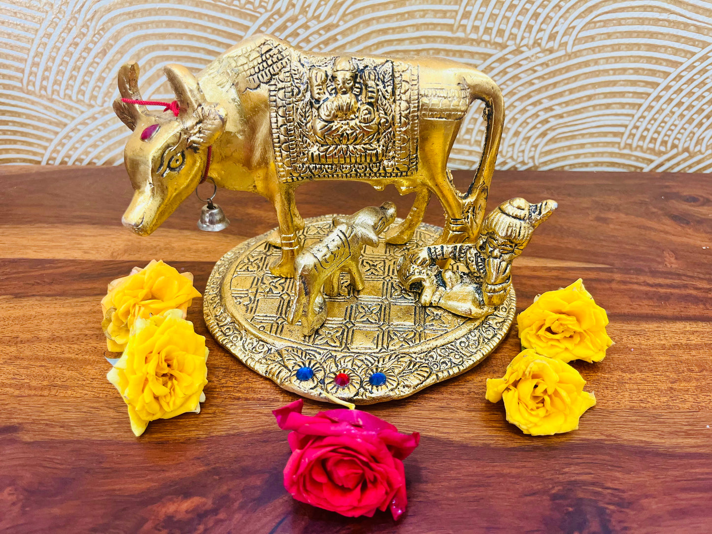 Handcrafted Metal Kamdhenu Cow with Calf Small - Gold | BrassDaddy - Brass Daddy