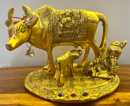Handcrafted Metal Kamdhenu Cow with Calf Small - Gold | BrassDaddy - Brass Daddy