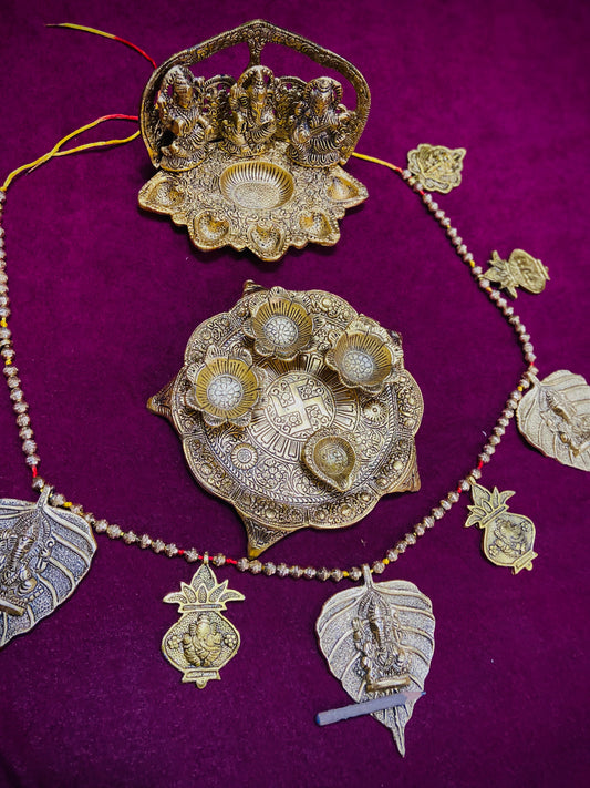 Diwali Combo - Toran, Pooja Thali, Laxmi Ganesh Sarawati Diya stand - Brass Daddy