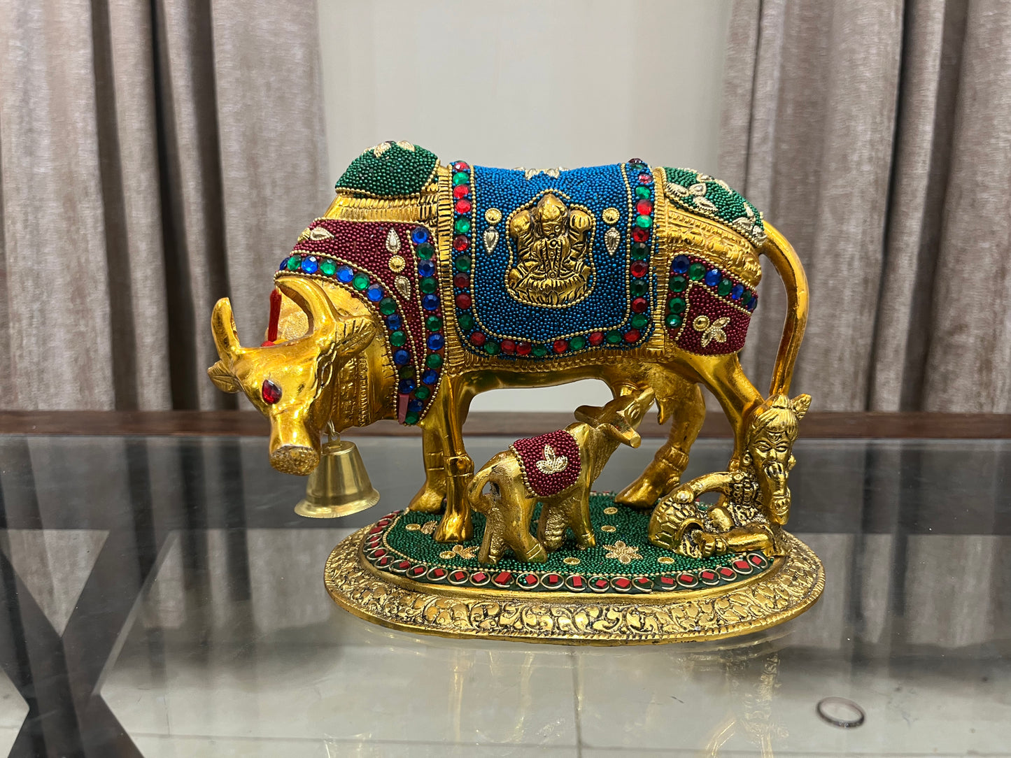 Handcrafted Metal Kamdhenu Cow with Calf - Stone | BrassDaddy - Brass Daddy
