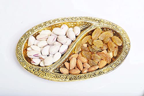 Oval Decorative 2 Section Metal Gold Finish Tray for Serving Dry Fruits, Saunf Supari, Sweets, Mouth Freshener, Showpiece - Brass Daddy