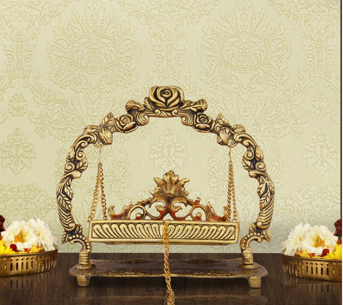 Jhula - 10 x 11 Inches | Gold Polish & Gulab Design Palana/ Metal Jhoola for Deity/ 5 number Laddu gopal jhula - Brass Daddy