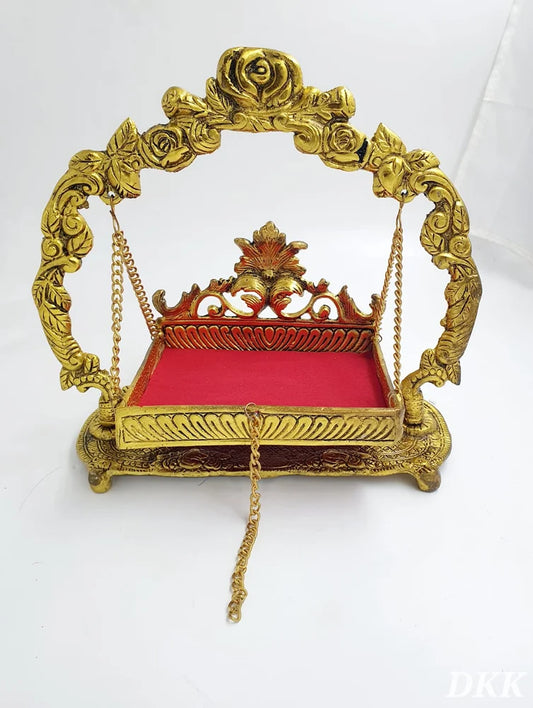 Jhula - 10 x 11 Inches | Gold Polish & Gulab Design Palana/ Metal Jhoola for Deity/ 5 number Laddu gopal jhula - Brass Daddy
