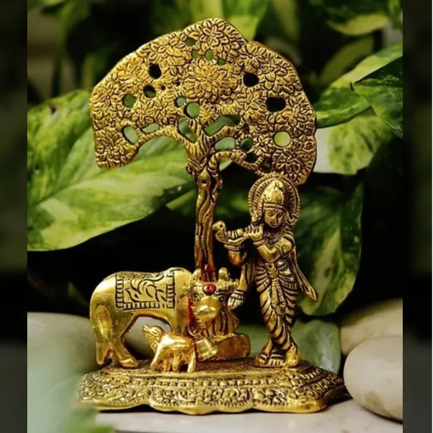 Cow Calf Krishna Under Tree home office table top Decorative Showpiece - Brass Daddy