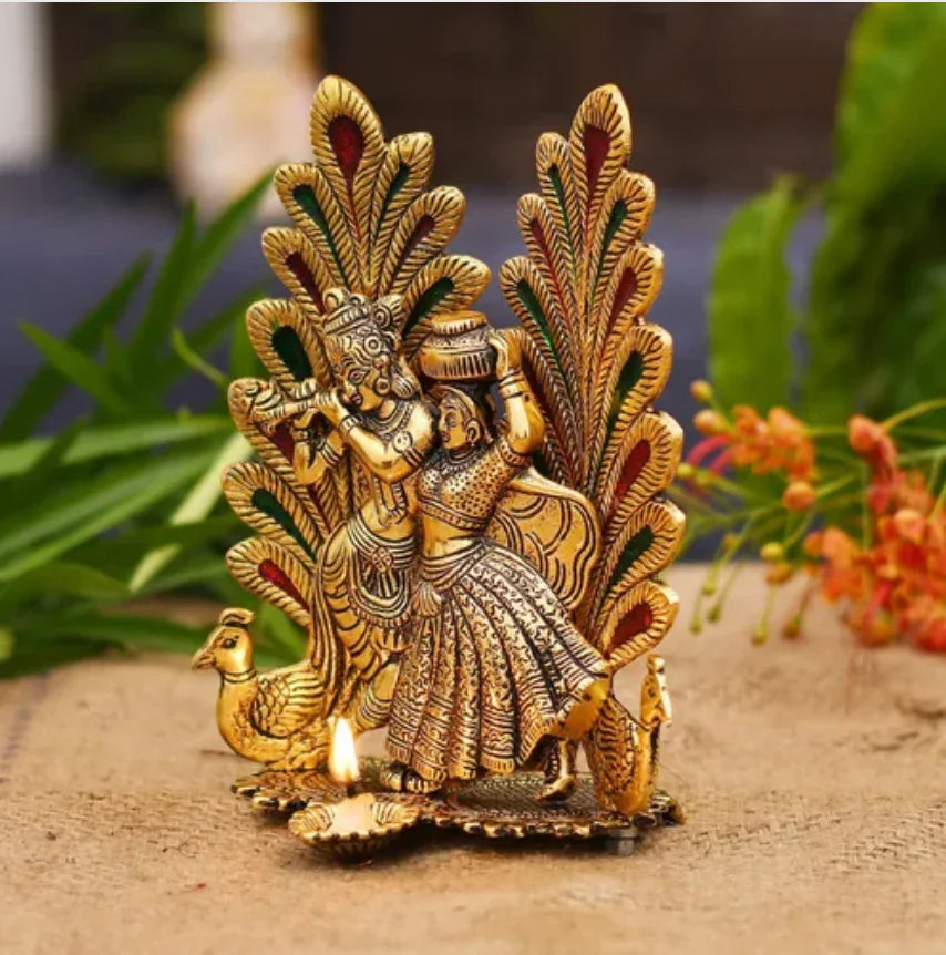 Peacock Design Radha Krishna Idol Showpiece with Diya for Puja - Brass Daddy