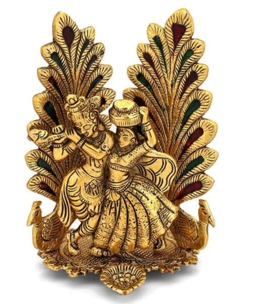 Peacock Design Radha Krishna Idol Showpiece with Diya for Puja - Brass Daddy