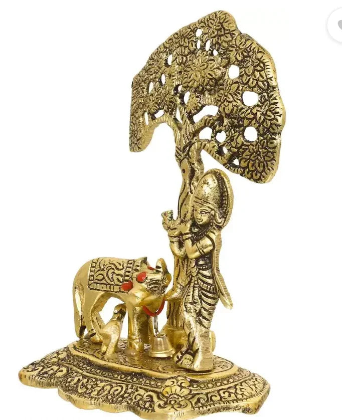 Cow Calf Krishna Under Tree home office table top Decorative Showpiece - Brass Daddy