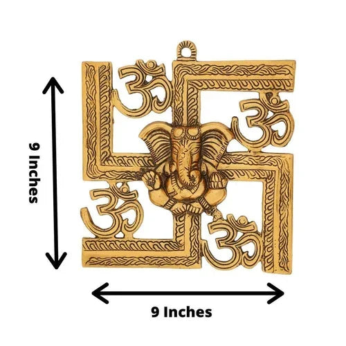 Lord Ganesha on Om Swastik Metal Golden Wall Hanging - Brass Daddy