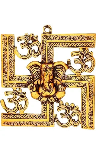 Lord Ganesha on Om Swastik Metal Golden Wall Hanging - Brass Daddy