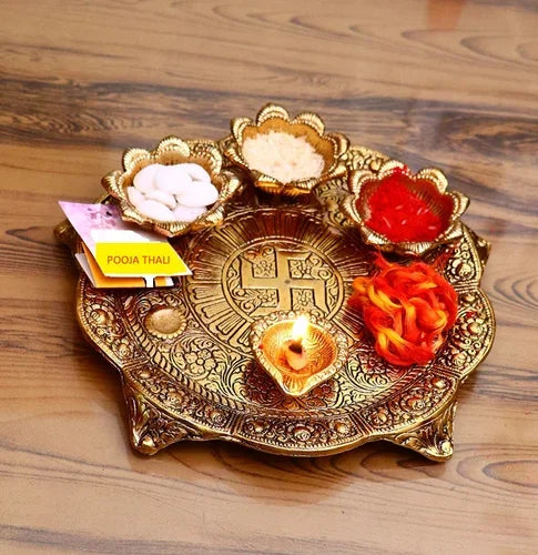 Metal Pooja Thali with Diya for Home and Office | Diwali - Brass Daddy