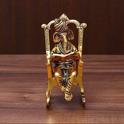 Gold Lord Ganesha Reading Ramayana Statue - Brass Daddy