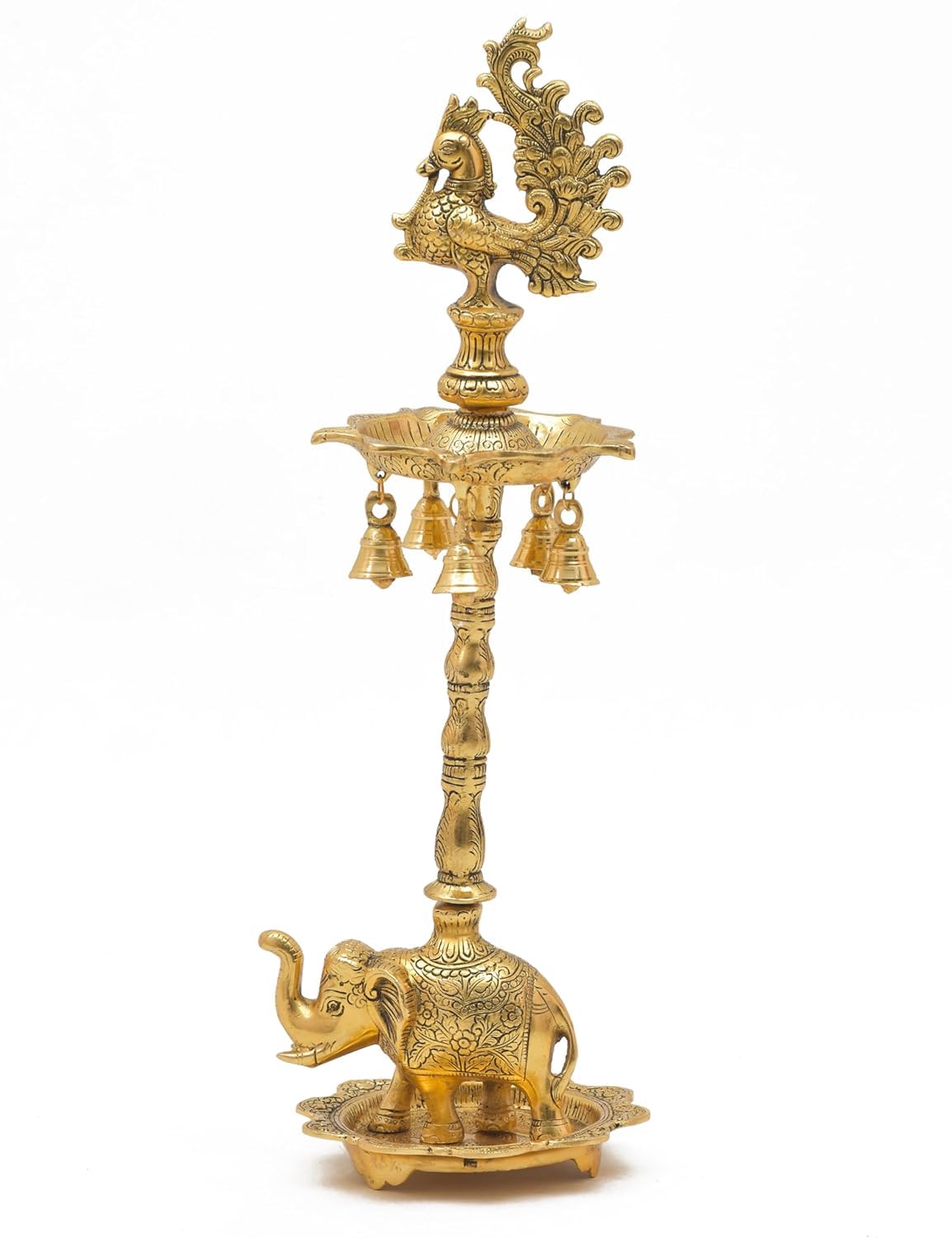 Peacock Pair (Diya Stand) with Elephant Base & Plate Aluminium, Panchmukhi Diya, Big Diya Stand for Home Decor (Golden) - Brass Daddy